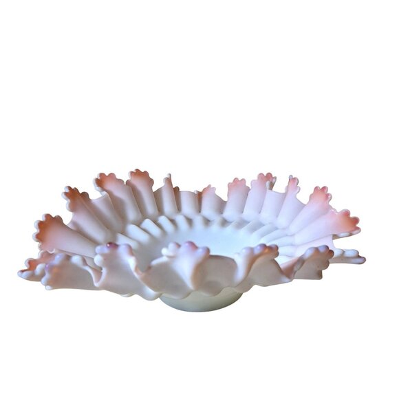 Victorian Satin Pink Glass Ruffled Edge Bowl Brides Basket Centerpiece Vintage - Picture 9 of 16